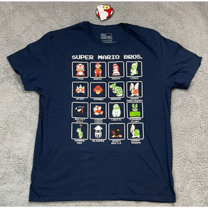Super Mario Bros Tee T-Shirt Mens XL 16 Character Pixel Grid Boxes Graphic NEW